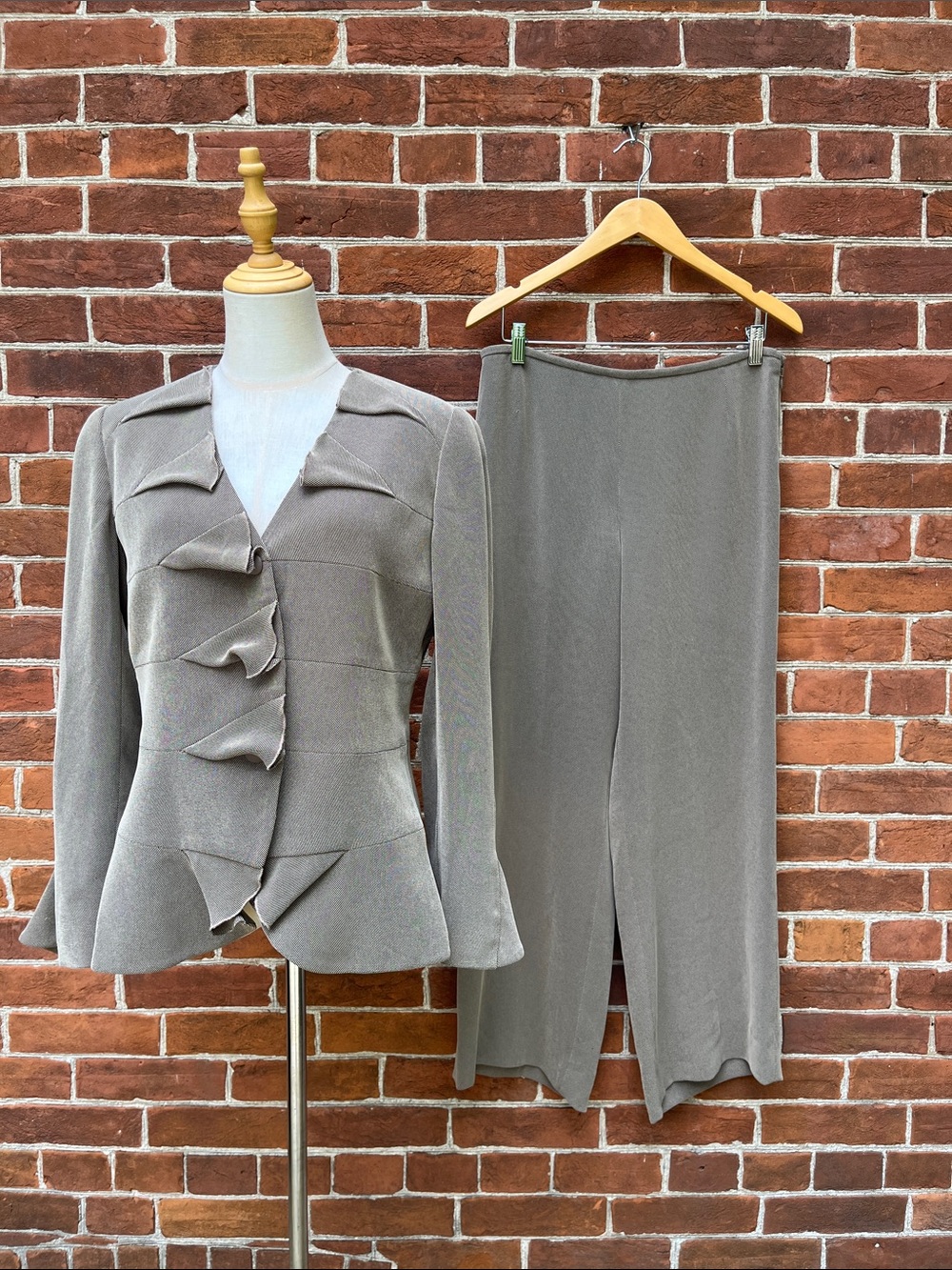 Armani Collezioni Taupe Ruffle-Front Jacket with Wide-Leg Pants